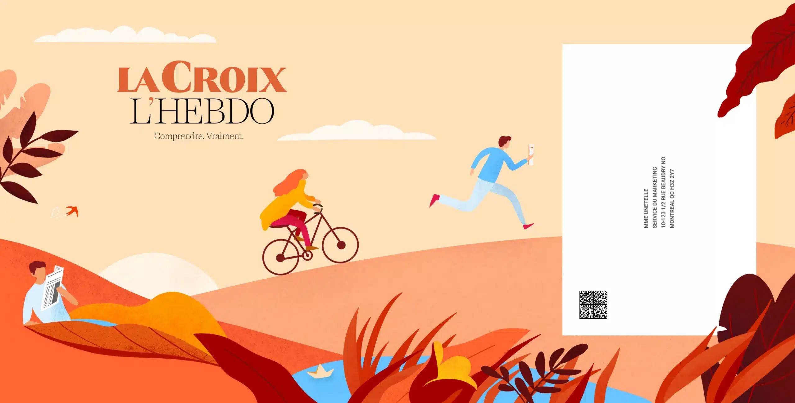 Illustration pour le magazine La Croix L'Hebdo, on y voit une fille en train de faire du vélo ainsi qu'un homme qui court avec son journal à la main. Il y a un homme qui se repose sur les côtés avec des feuilles qui rappellent la détente des vacances