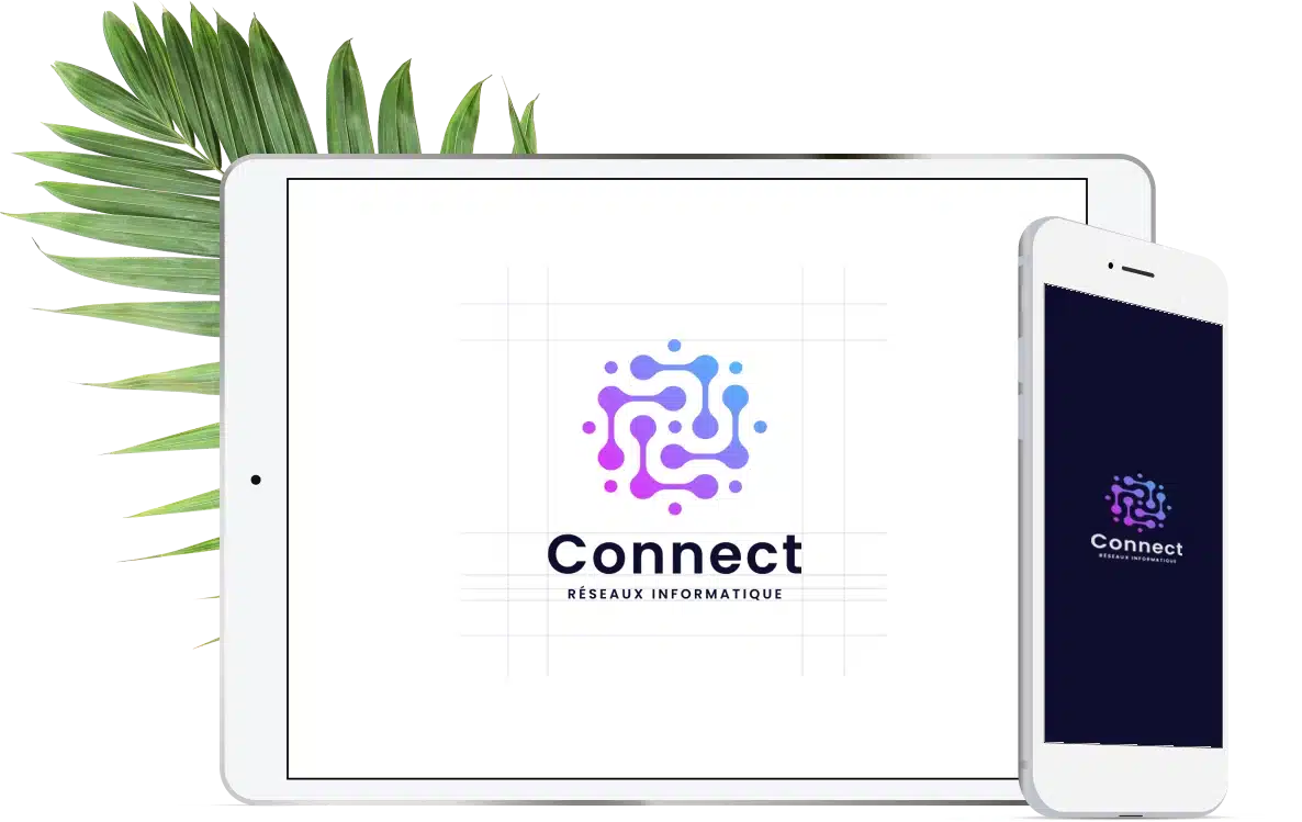 tablette blanche et iphone blanche avec feuille verte en fond. On retrouve sur les deux écrans un logotype "connect" avec un dessin de point et de traits qui représente la connexion.