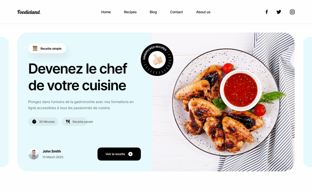 Exemple de page d'accueil d'un site de cuisine, plat de poulet grillé