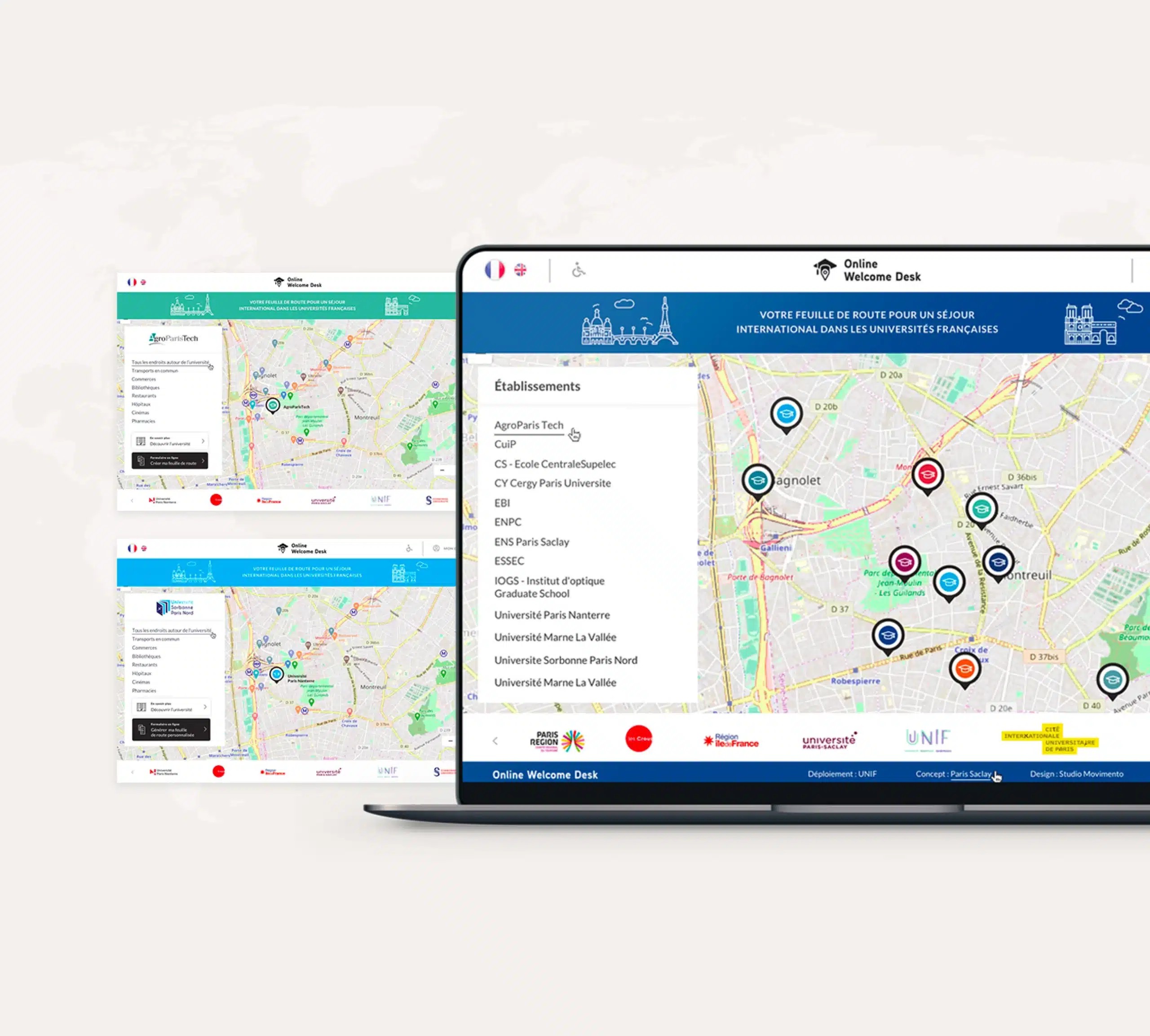 Écran d'accueil de la plateforme Online Welcome Desk mis en situation dans un écran d’ordinateur portable. À l'arrière plan on observe deux interfaces de la plateforme connectées à l'université Paris Sorbonne et Paris Tech