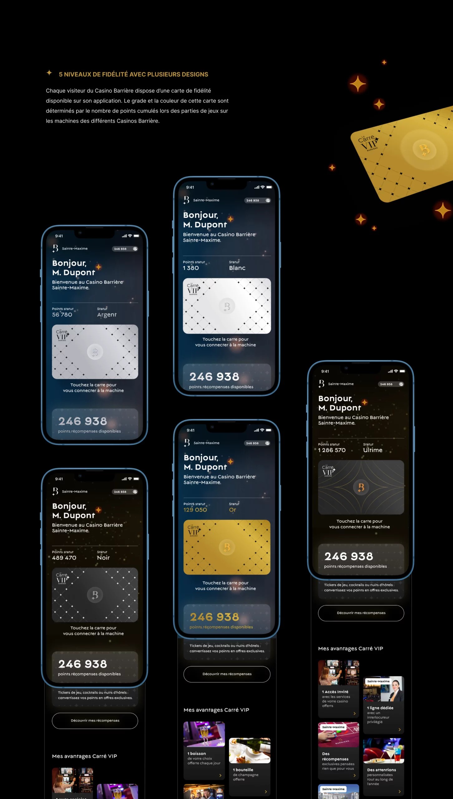 Différents écrans de mobile avec les cartes de fidélités Barrière