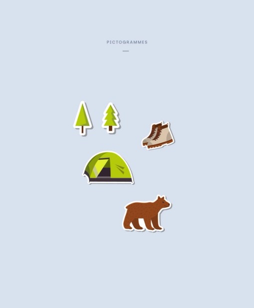 Pictogrammes illustrés de Maison Luma : sapins, tente, chaussures de randonnée et ours