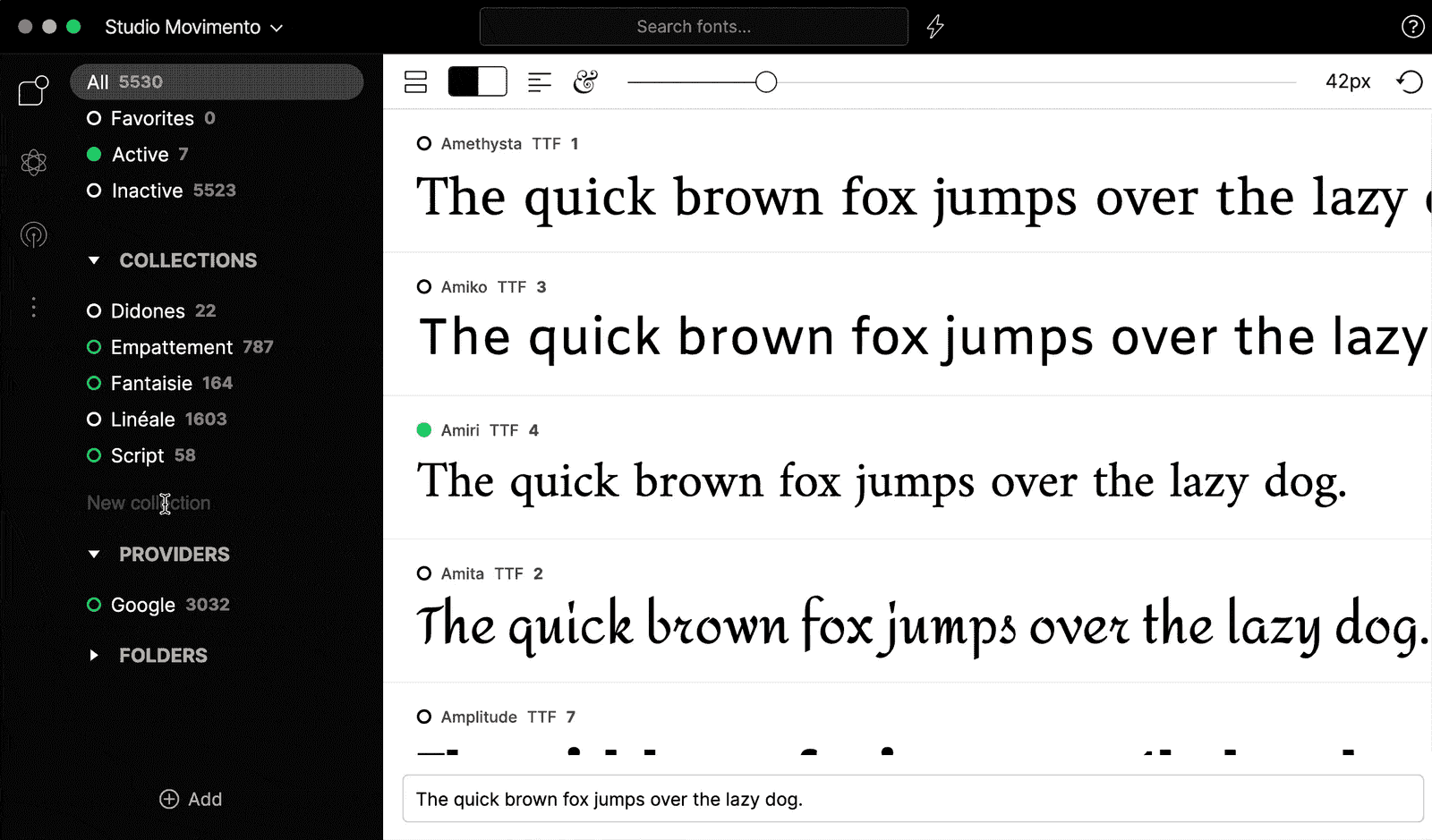Écran de l'application Fontbase avec l'ajout d'un dossier pour trier les polices "Typographie manuscrite"