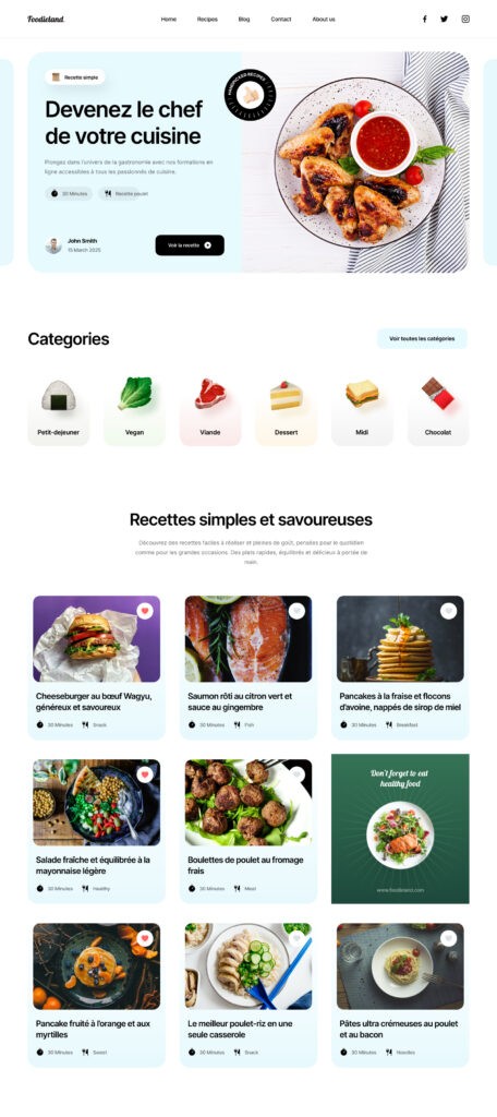 Exemple de site de recettes de cuisine avec grille de plats