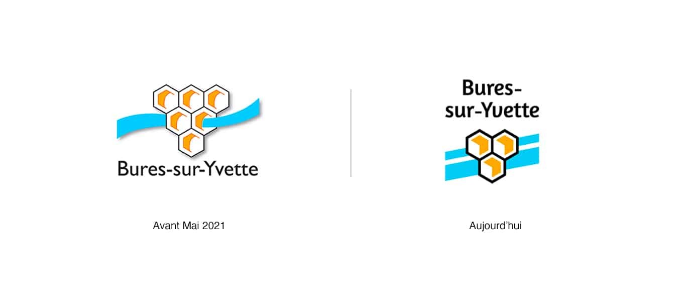 Logotype de Bures-sur-yvette avant et après sa refonte. Dans la nouvelle version on y retrouve trois hexagones noir et orange accompagnés de deux traits bleus.
