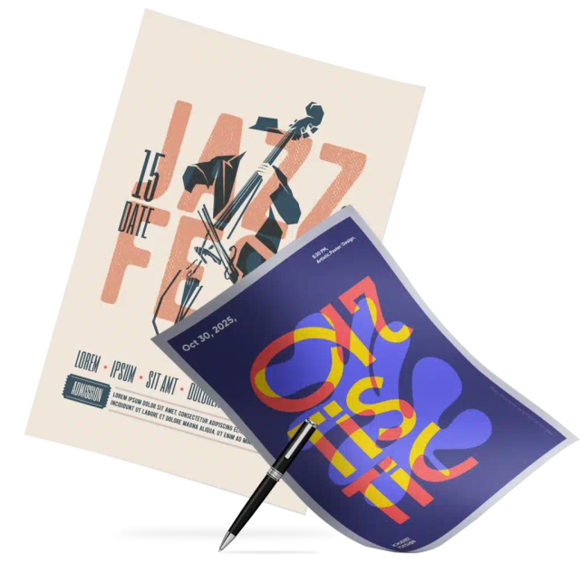 Deux affiches : l'une, en fond, présente un événement de jazz, l'autre, violette, est au premier plan.
