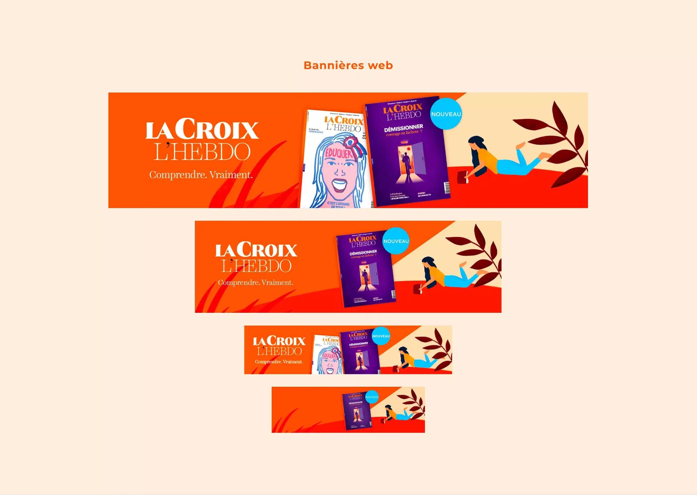 Quatres bannières web orange réalisées pour La Croix L'Hebdo avec les illustrations réalisées par le studio