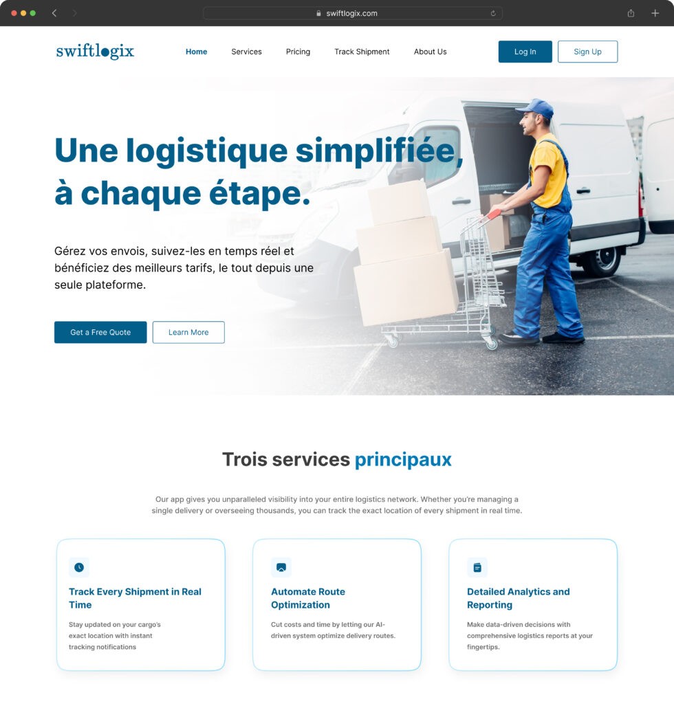 Exemple de page d'accueil d'un site de logistique