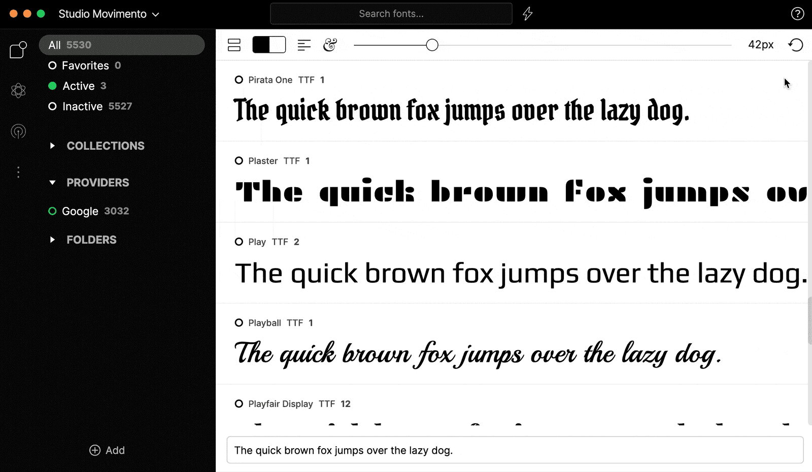 Écran de l'application Fontbase avec toutes les typographies d'affichées