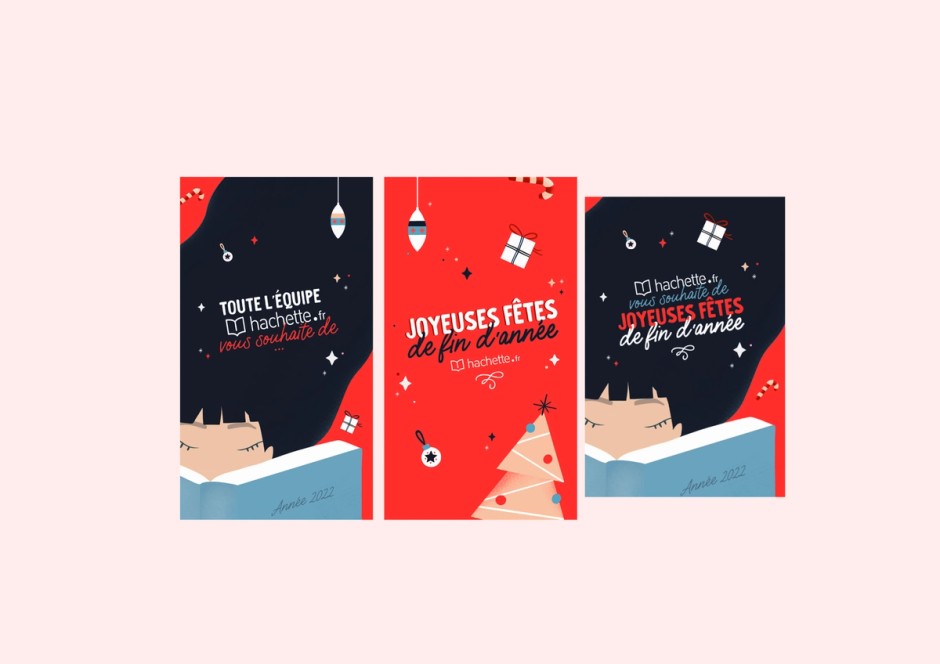 Déclinaisons de l’illustration de Noël pour les publications Instagram d’Hachette