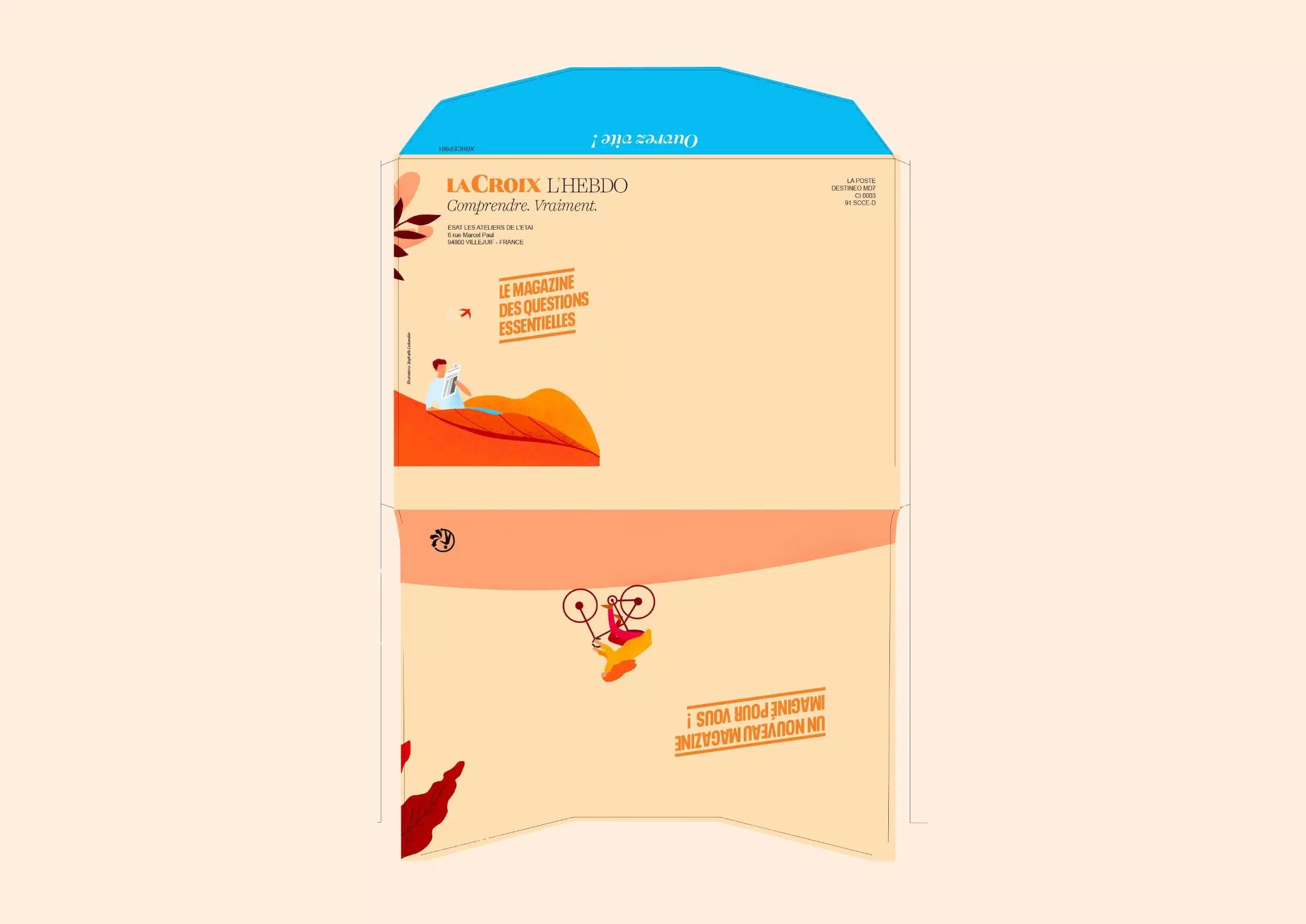 Enveloppe jaune avec l'illustration d'un homme qui lit son journal dans une feuille orange. On y retrouve la phrase "le magazine des questions essentielles"