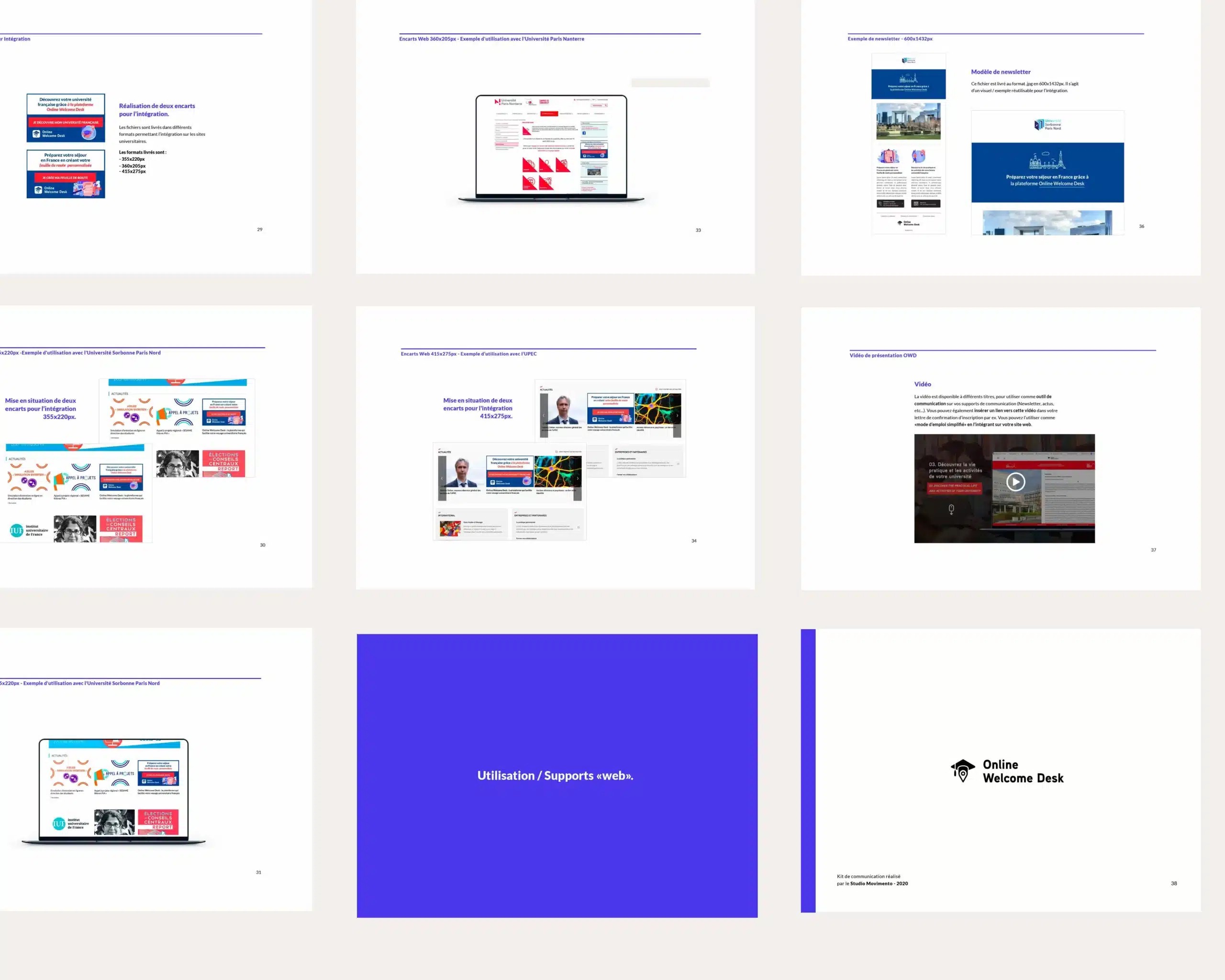 Différentes planches de la charte graphique web Online welcome Desk.