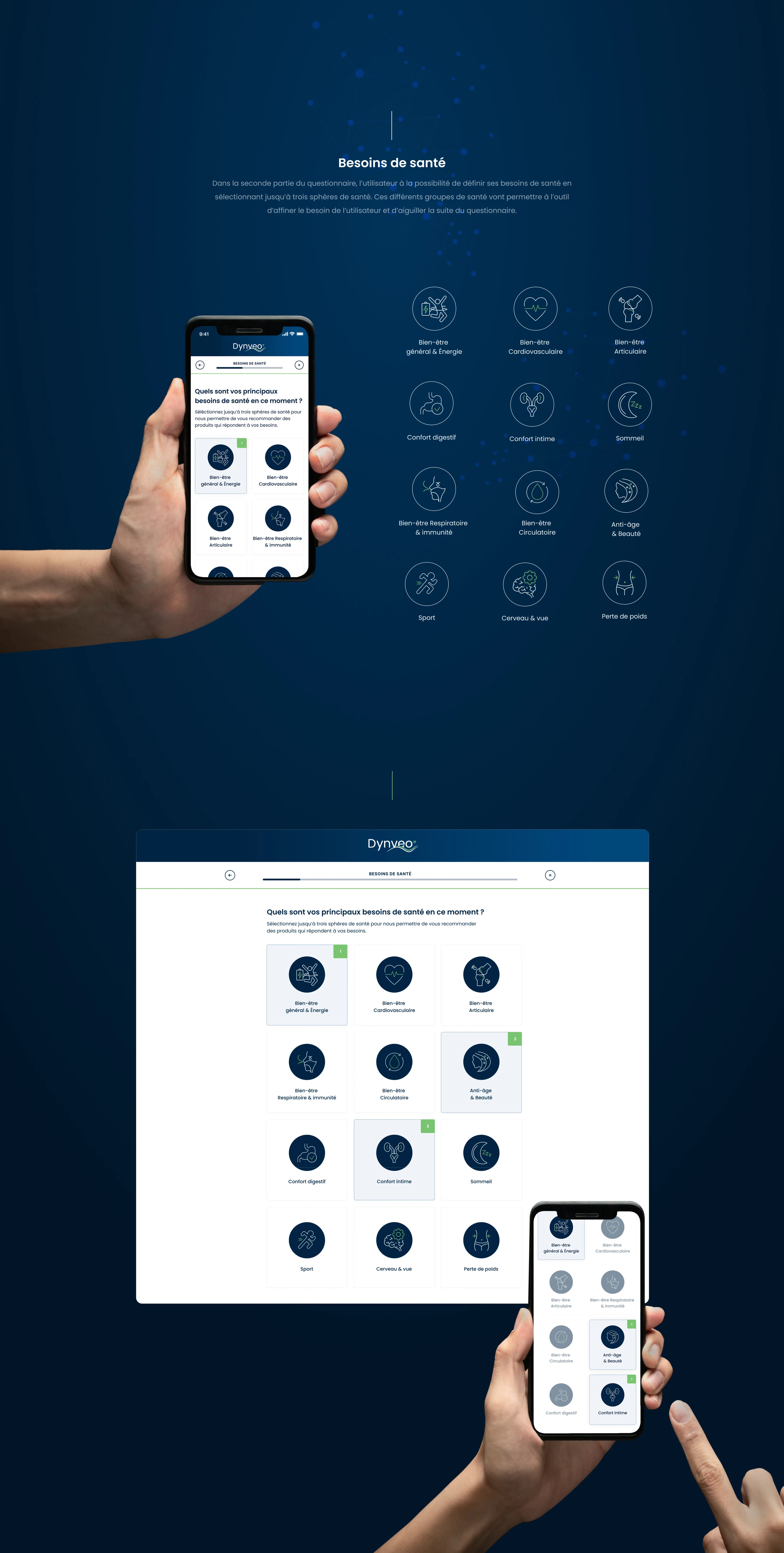 Main qui tient un téléphone portable avec les douze pictogrammes présentant les besoins de santé à sélectionner.