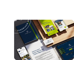Papeterie, brochure, téléphone et supports imprimés d'une identité visuelle bleu marine