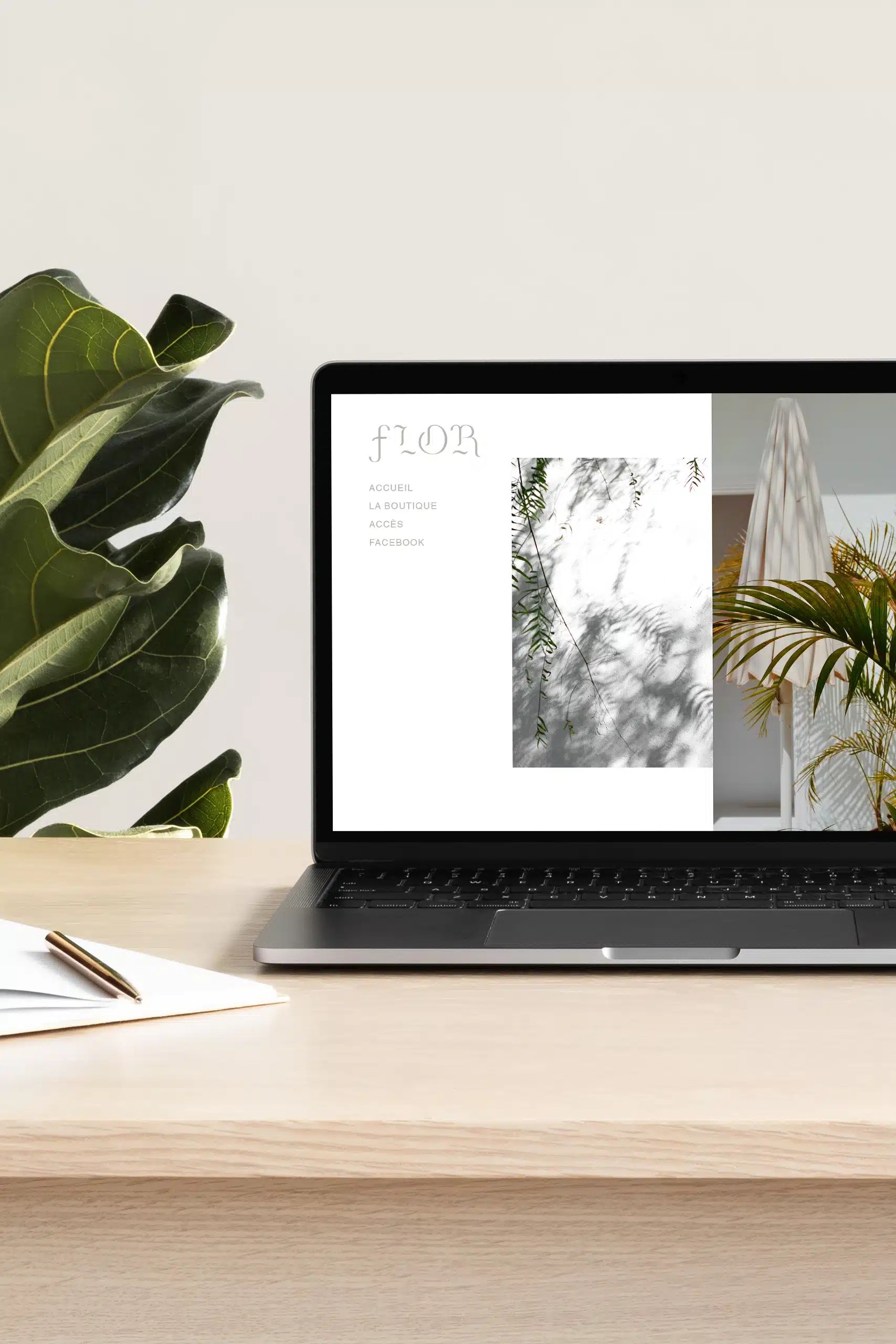 Ordinateur posé sur un bureau avec une plante a côté. À l’intérieur de l'ordinateur on retrouve la homepage du site internet Flor