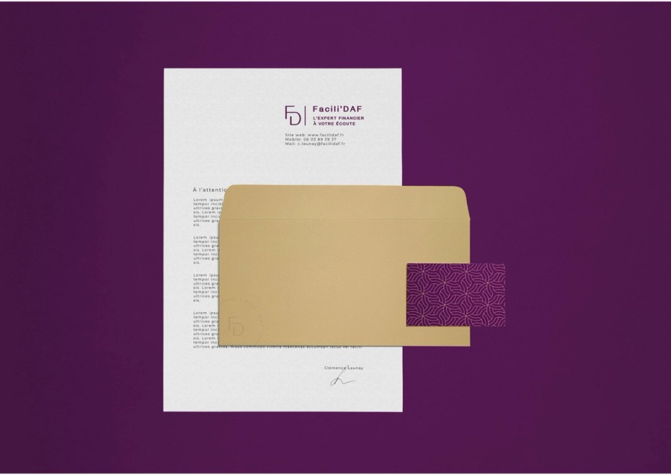 Papeterie Facili’DAF : papier à en-tête, enveloppe et carte de visite