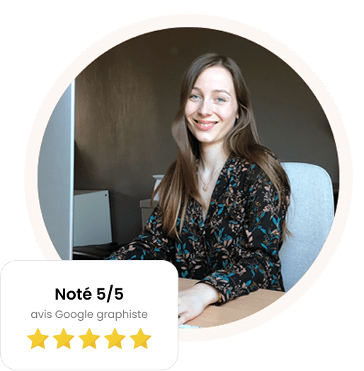 Portrait de Raphaëlle, graphiste, avec sa note Google de 5 sur 5