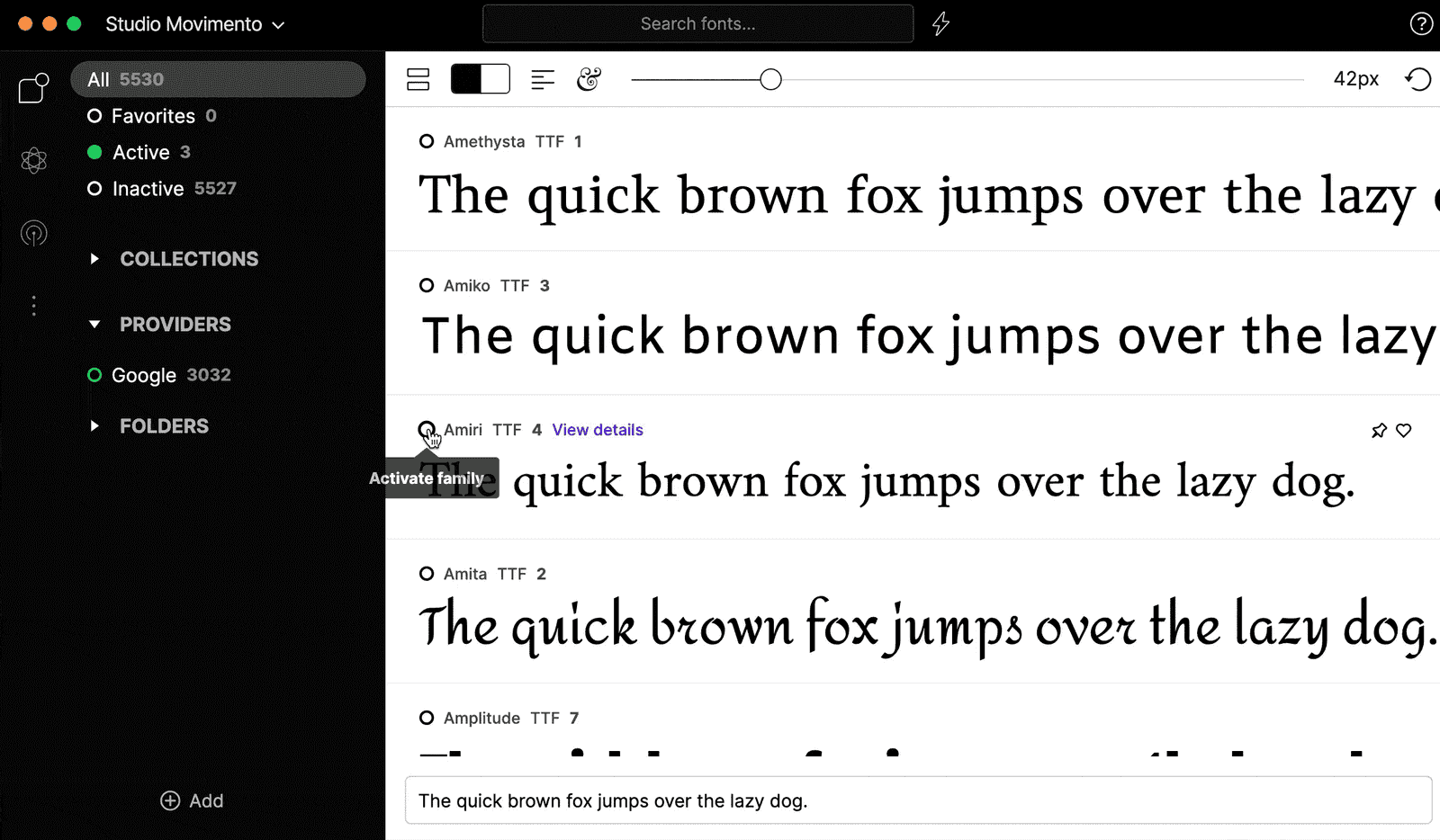 Écran de l'application Fontbase avec l'activation d'une typographie "Amiri"