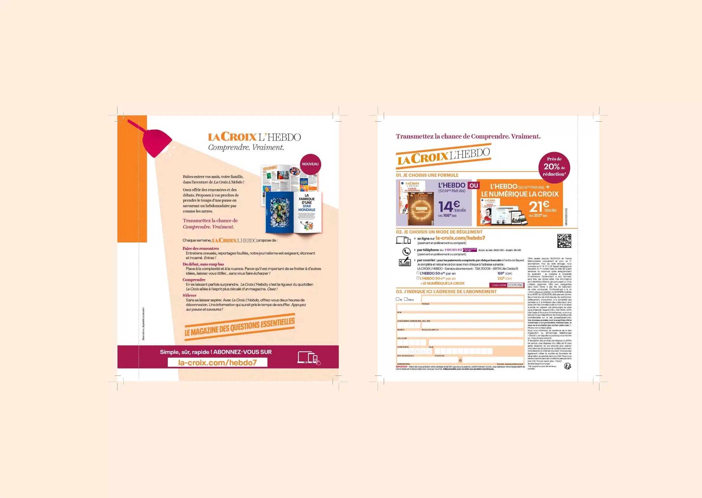 Bulletin d'abonnement recto verso de La Croix L'Hebdo