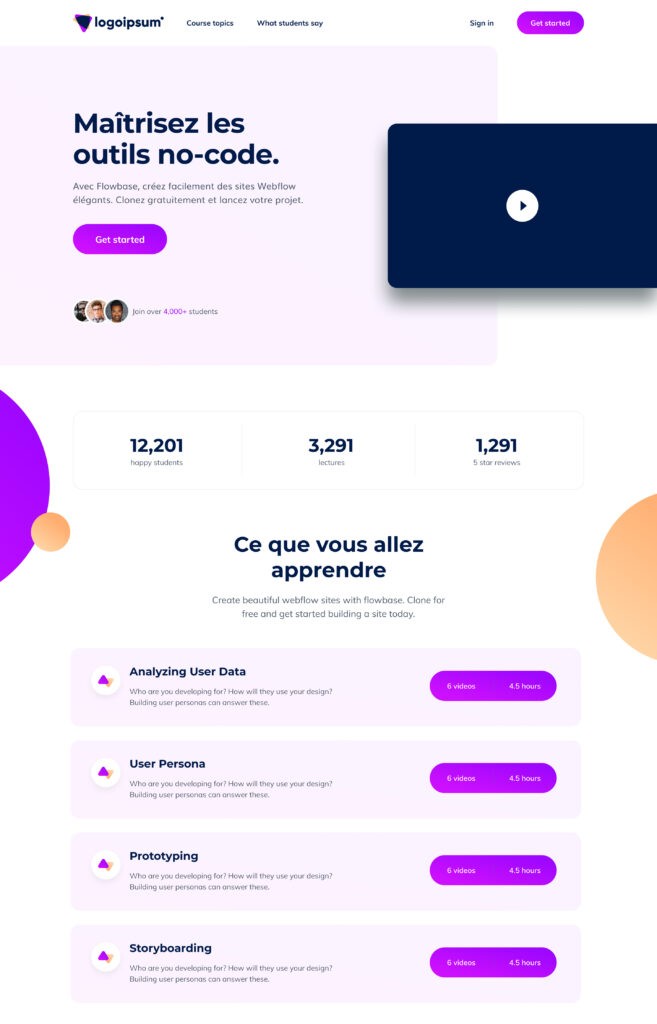 Exemple de page d'accueil d'une formation aux outils no-code