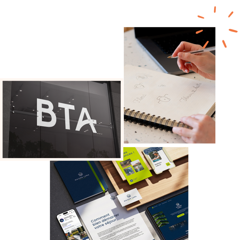 Collage de projets d'identité visuelle : enseigne BTA, croquis de logo et papeterie