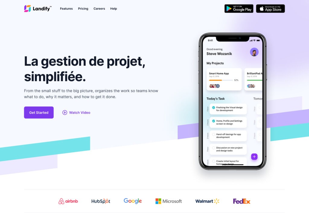 Exemple de page d'accueil d'une application de gestion de projet