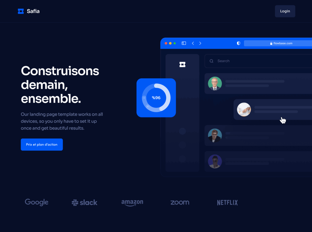 Exemple de page d'accueil d'une plateforme sur fond bleu nuit