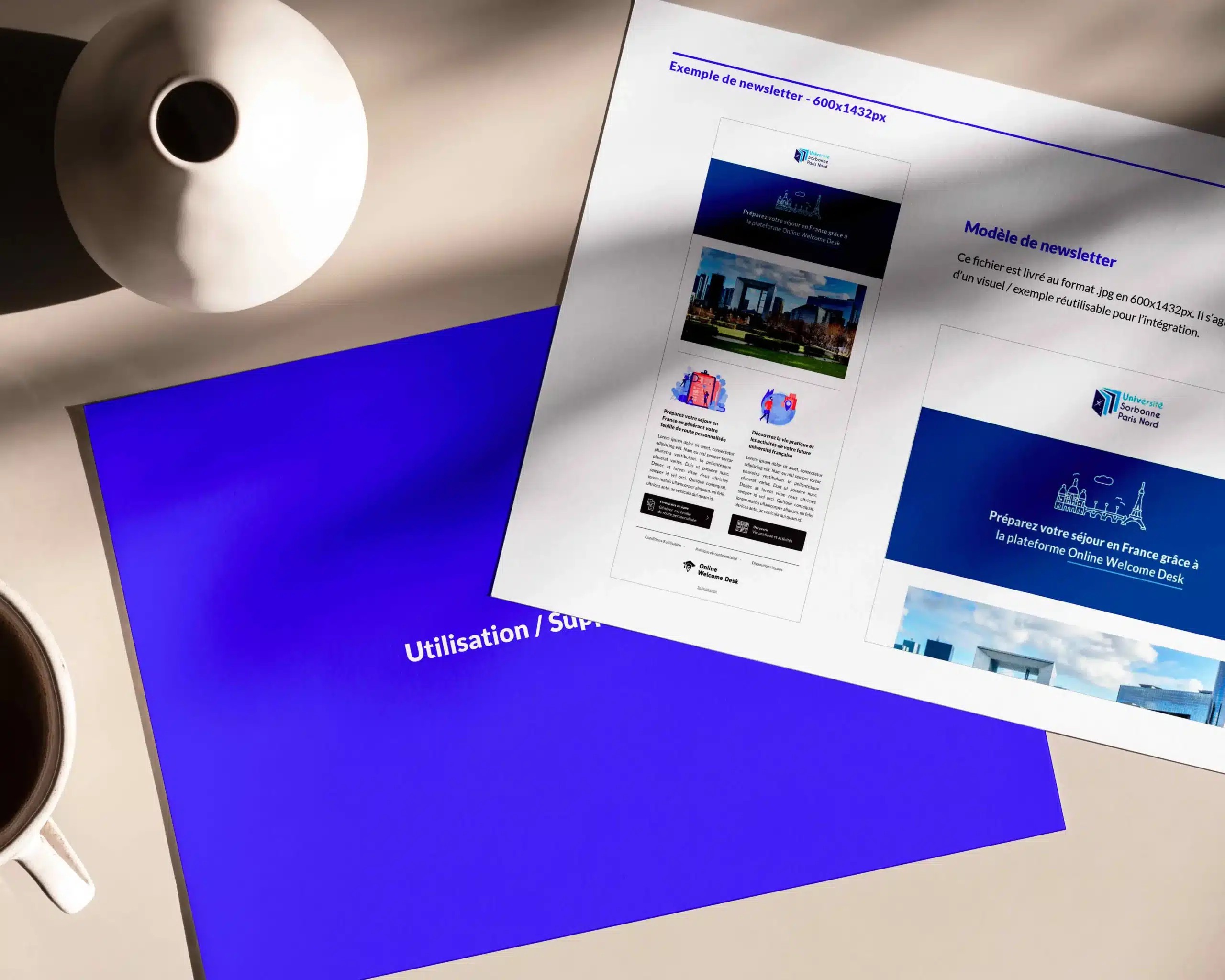 Planche A4 bleu avec une autre feuille blanche qui présente la newsletter d'Online Welcome Desk