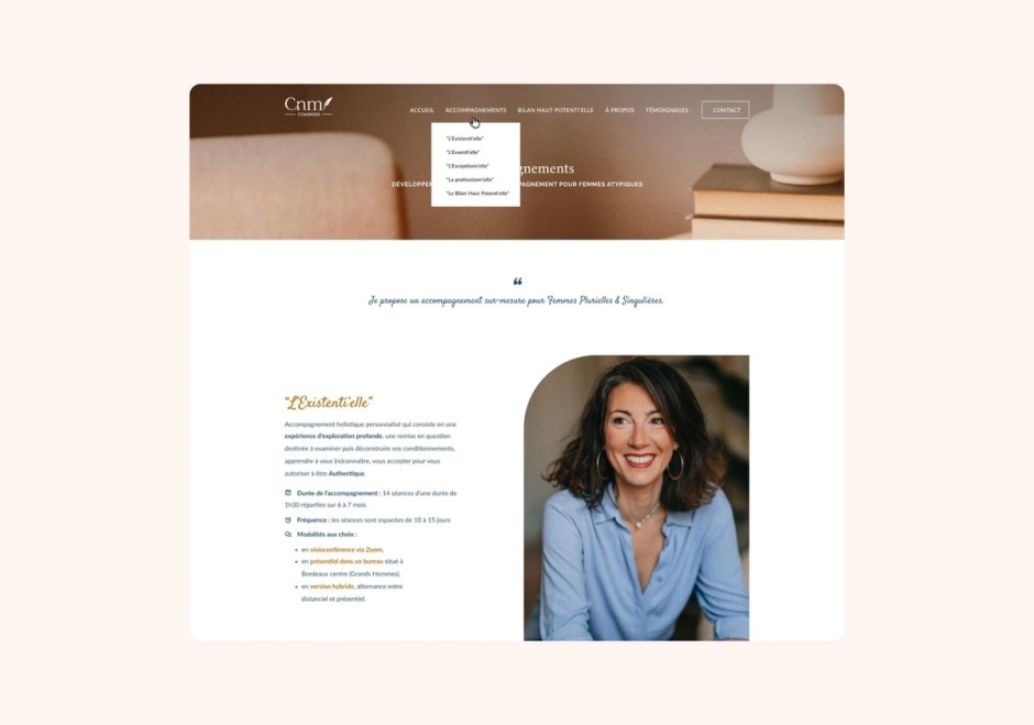 Menu et page d'accompagnement du site de CNM Coaching