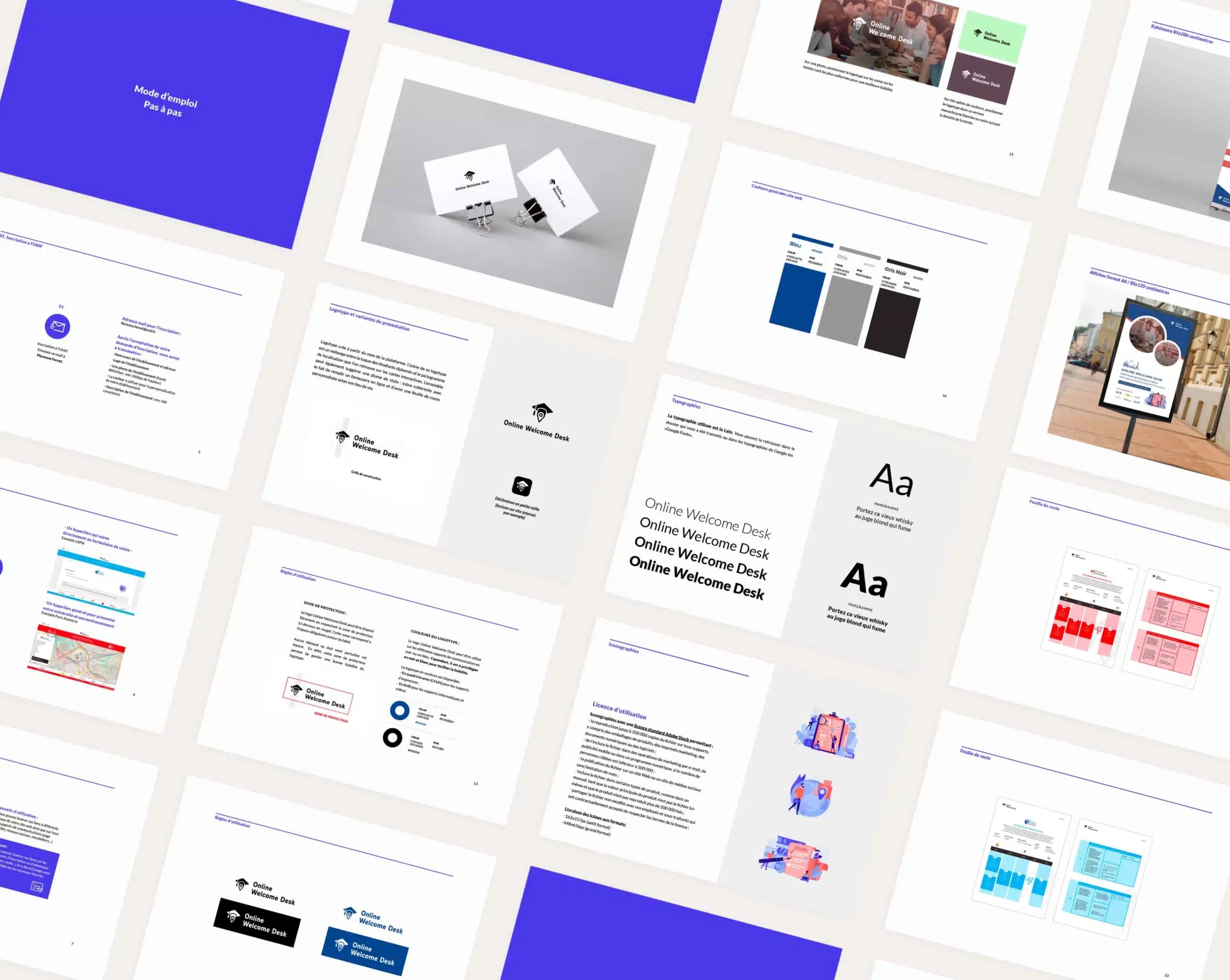 Différentes planches de la charte graphique web Online welcome Desk.