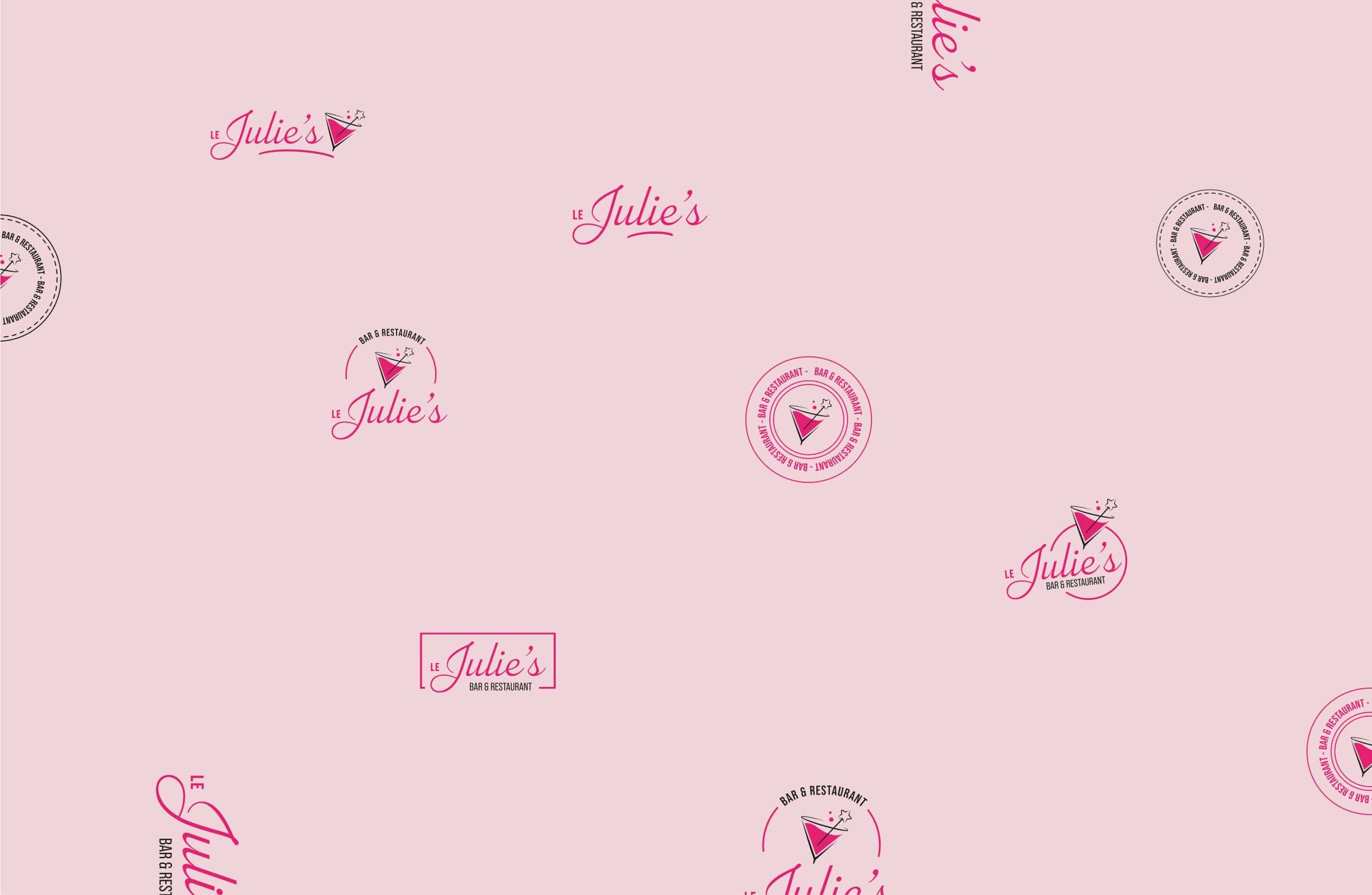 Visuels avec tous les logotypes "Le Julie's" de couleurs roses sur fond rose clair
