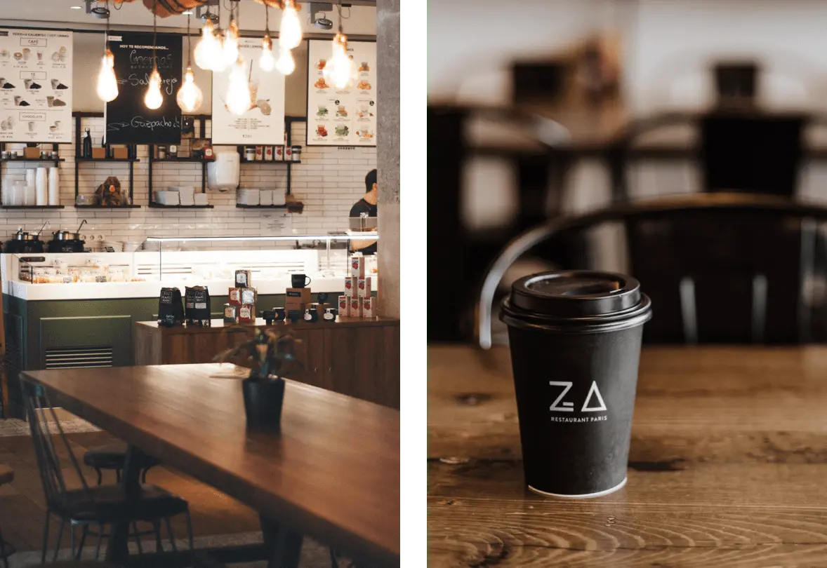 Un visuel à l’intérieur du restaurant Za Paris et un autre visuel gobelet avec du café ajouré du logo