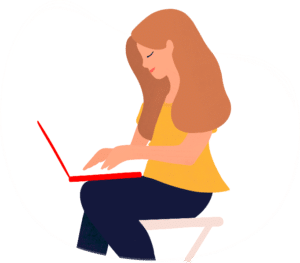 pictogramme site internet avec une femme qui tape sur son ordinateur sur fond blanc