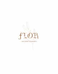 Logo Flor en couleurs marron clair avec une fleur en arrière plan sur fond blanc