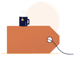pictogramme création de logo avec une etiquette dessiné en marron avec une tasse de thé posé dessus sur fond beige