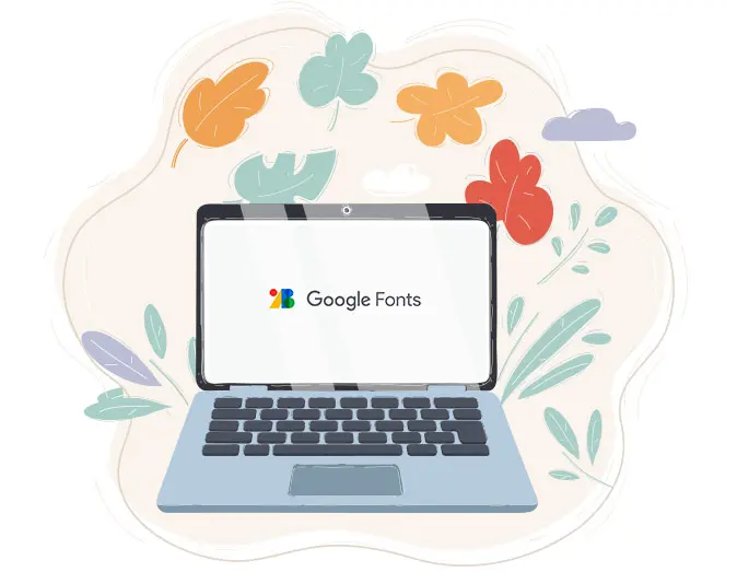 Illustration d'un ordinateur avec le logo Google Fonts au milieu de l’écran
