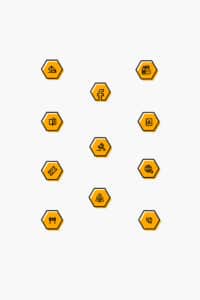 les 11 pictogrammes noir et jaune réalisés sous forme d'hexagones