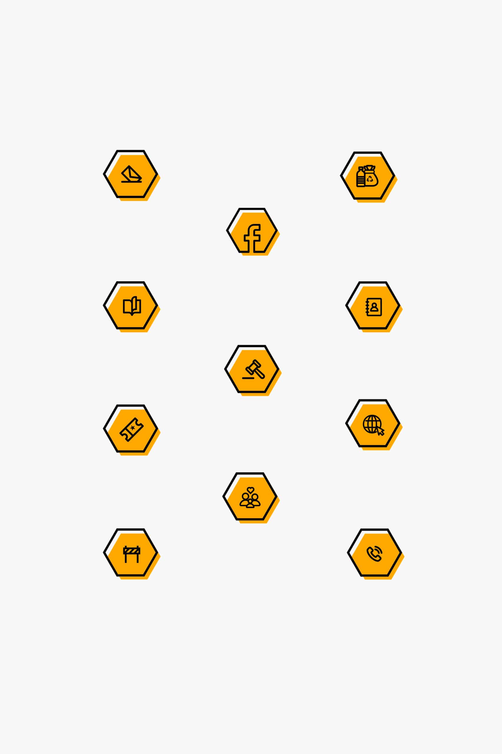 les 11 pictogrammes noir et jaune réalisés sous forme d'hexagones