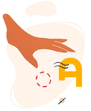 Illustration d'une main qui sélectionne une typographie (lettre A). On retrouve des formes de vagues et un rond aux rouge autour