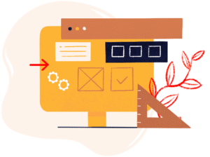Illustration colorée d'un ordinateur jaune avec de multiples détails de créations graphiques (picto setting, picto de validation...). À l'arrière de l'illustration, on retrouve une tache rose pâle.