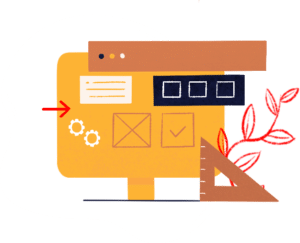 Illustration colorée d'un ordinateur jaune avec de multiples détails de créations graphiques (picto setting, picto de validation...). À l'arrière de l'illustration, on retrouve une tache blanche