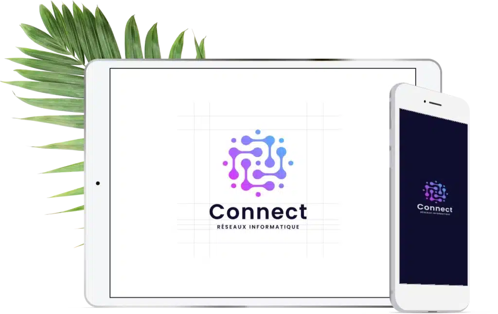 tablette blanche et iphone blanche avec feuille verte en fond. On retrouve sur les deux écrans un logotype "connect" avec un dessin de point et de traits qui représente la connexion.