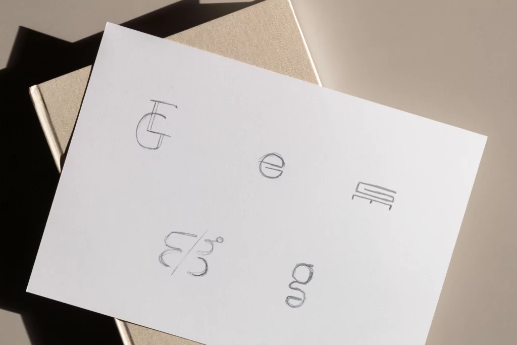 Différents logotypes pour une entreprise parisienne dessinés à la main et posés sur une feuille banche A4