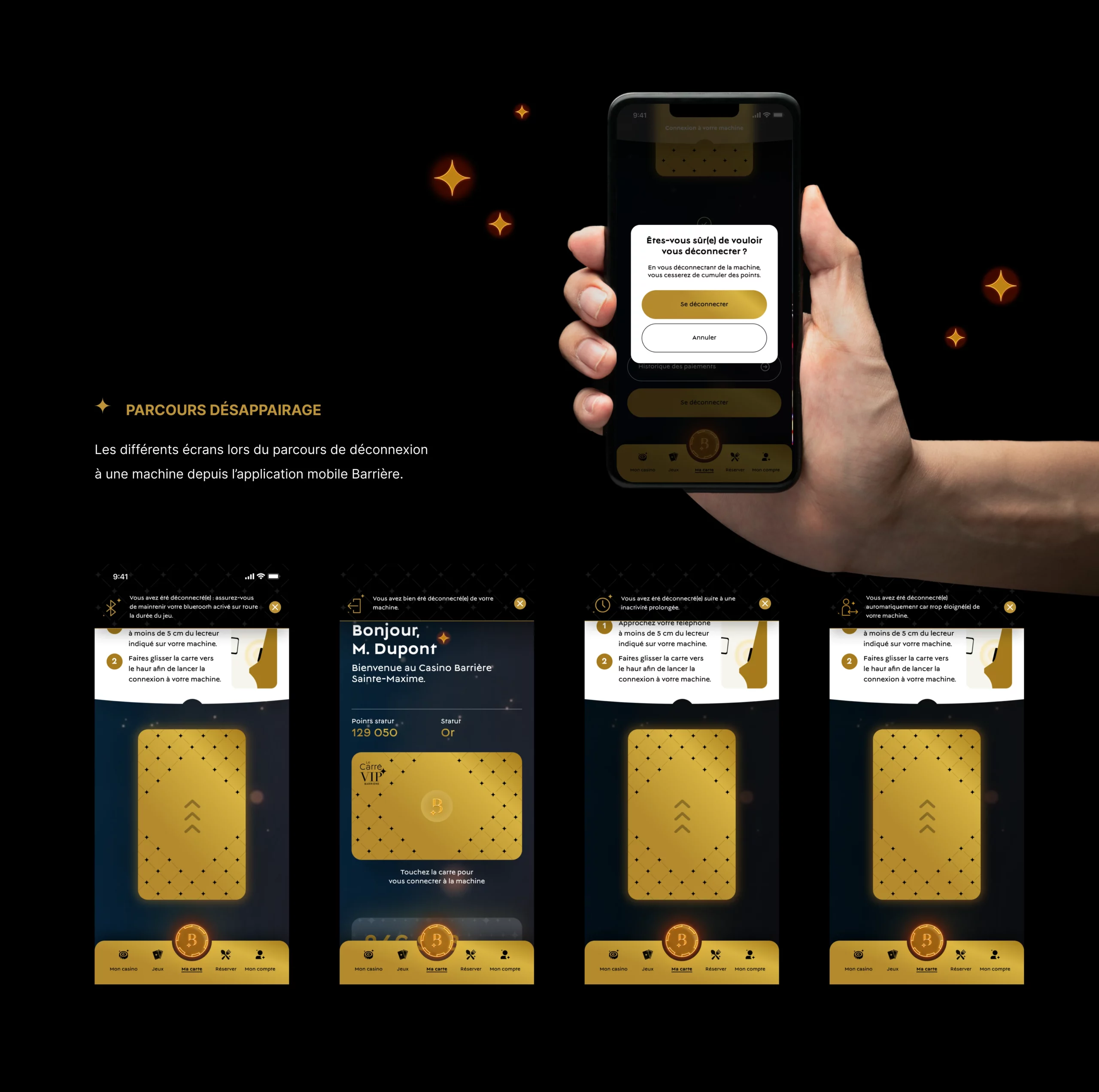 Main qui tient un téléphone portable avec le design d'un écran de déconnexion de l'application Barrière Casino