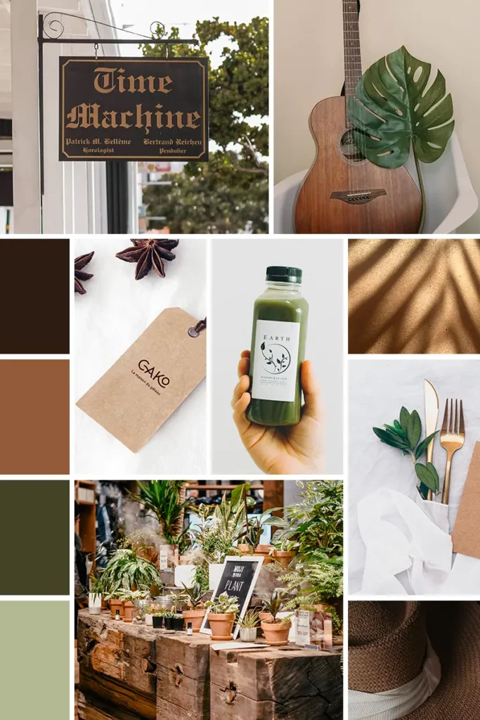 Moodboard dans les nuances de vert et de marron avec plusieurs photos et design graphiques