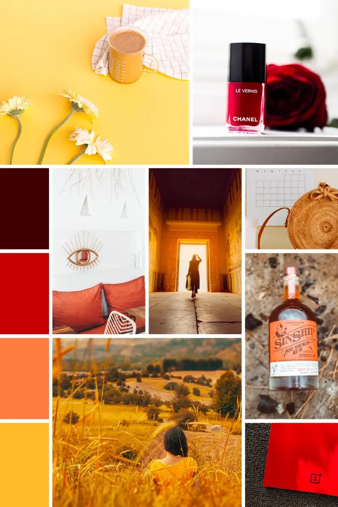 Moodboard dans les couleurs chaudes avec des images de marques qui reprennent ces couleurs et teintes